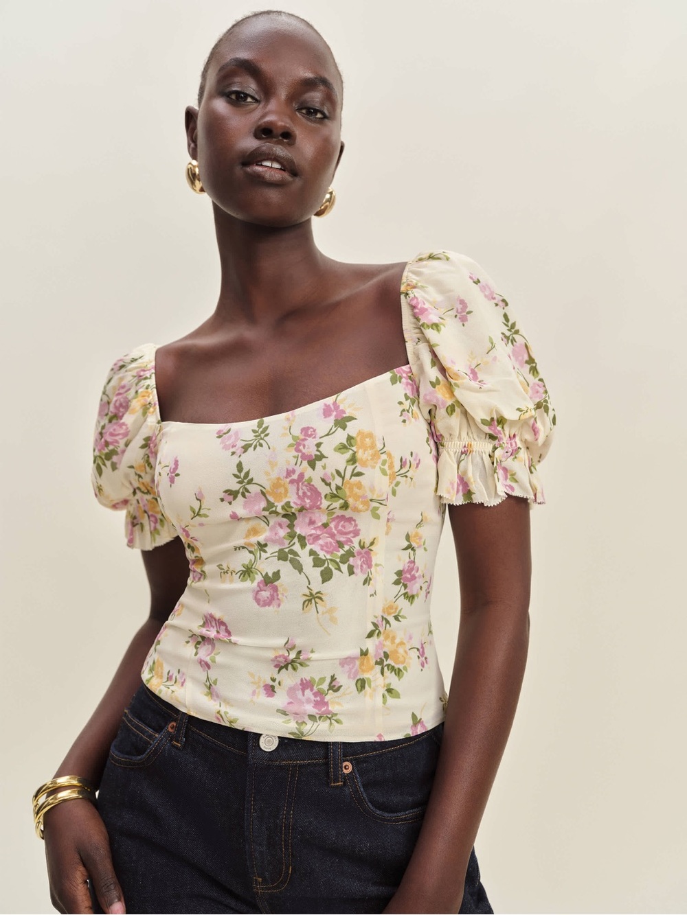 Reformation Cream Floral Puff-Sleeve Square-Neck Blouse